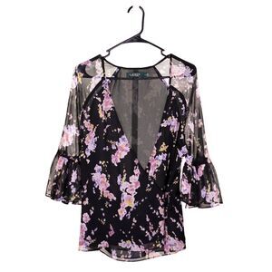 Ralph Lauren Women's Blouse Floral V-Neck Tie Front Bell Sleeve Shirt Top Medium